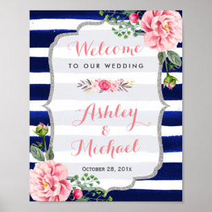 Floral Silver Navy Stripes Wedding Welcome Sign