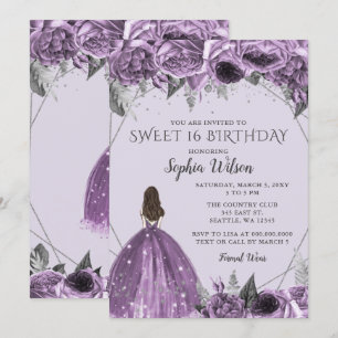 Floral Silver Purple Spakle Dress Sweet 16 Invita Invitation