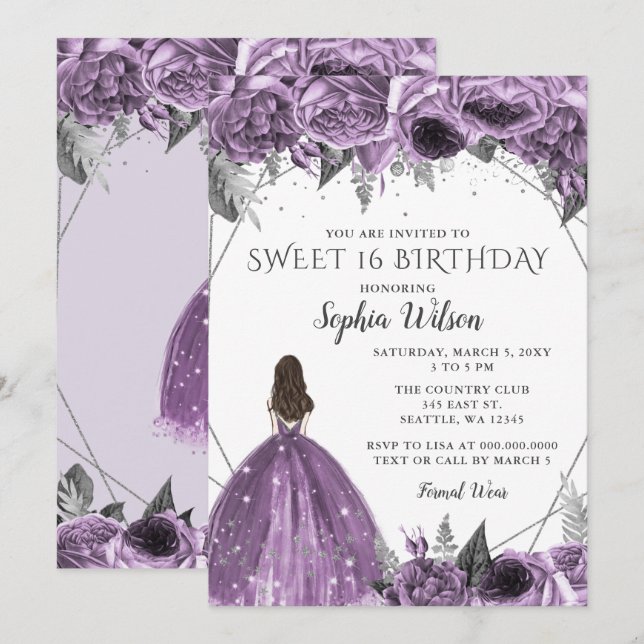 Floral Silver Purple Spakle Dress Sweet 16  Invitation (Front/Back)