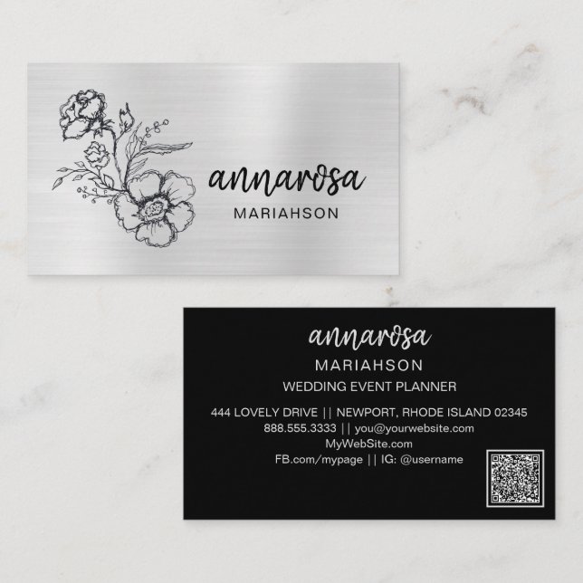 *~* Floral Silver QR LOGO PHOTO Elegant Flower  Business Card (Front/Back)