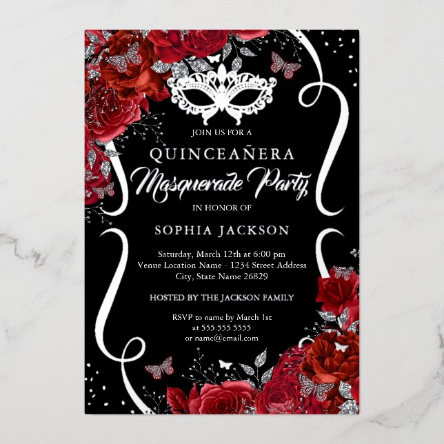 Floral Silver Red Scroll Masquerade Quinceanera (Front)
