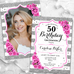 Floral Silver White Pink Photo 50th Birthday Invitation<br><div class="desc">Elegant, floral, feminine 50th birthday invitation with your photo at the back of the card. Glam white, pink design with faux glitter silver. Features stripes, baby pink roses, script font and confetti. Perfect for a stylish adult bday celebration party. Personalise with your own details. Can be customised for any age!...</div>