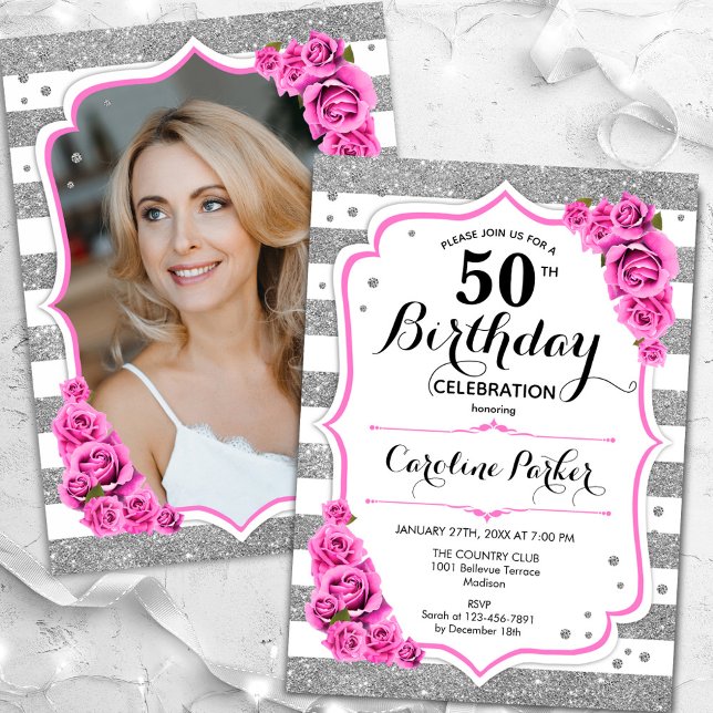 Floral Silver White Pink Photo 50th Birthday Invitation (Creator Uploaded)
