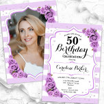 Floral Silver White Purple Photo 50th Birthday Invitation<br><div class="desc">Elegant, floral, feminine 50th birthday invitation with your photo at the back of the card. Glam white, lavender purple design with stripes, roses, script font and confetti. Perfect for a stylish adult bday celebration party. Personalise with your own details. Can be customised for any age! Printed Zazzle invitations or instant...</div>
