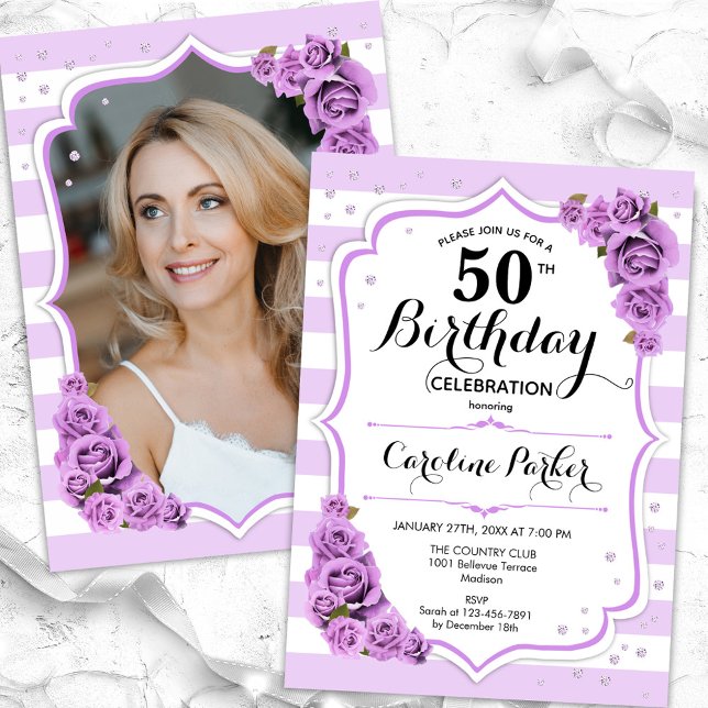 Floral Silver White Purple Photo 50th Birthday Invitation (Creator Uploaded)