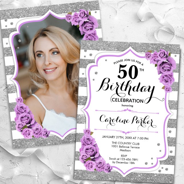 Floral Silver White Purple Photo 50th Birthday Invitation (Creator Uploaded)