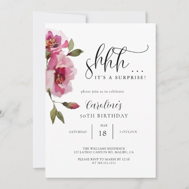 Floral Simple Surprise Birthday Party  Invitation (Front)