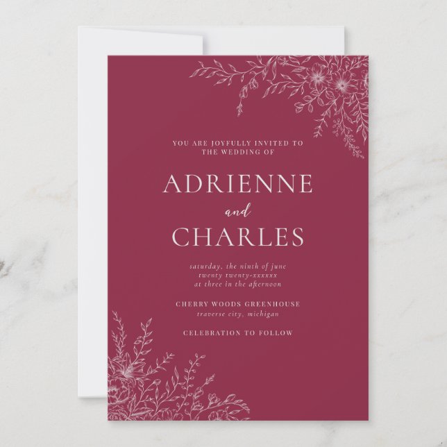 Floral Simplicity 1 Claret Minimal Wedding Invitation (Front)