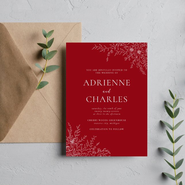 Floral Simplicity 1 Cranberry Red Minimal Wedding Invitation (Creator Uploaded)