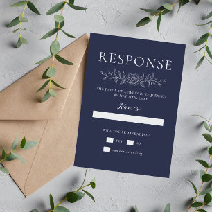 Floral Simplicity 1 Dark Navy Blue Minimal Wedding RSVP Card