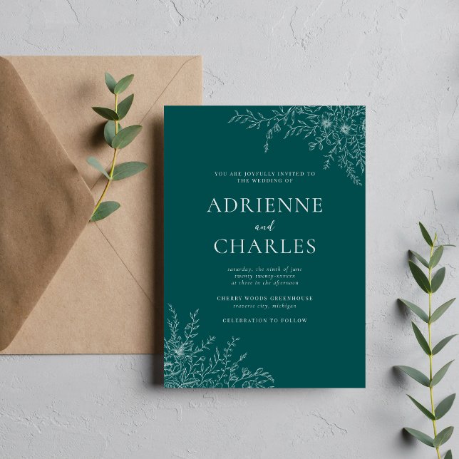 Floral Simplicity 1 Peacock Teal Minimal Wedding Invitation (Creator Uploaded)