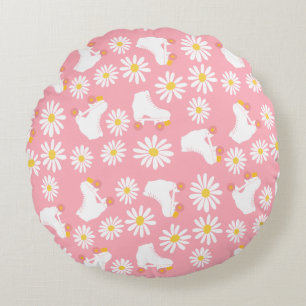 Floral Skates Roller Skating Pattern Birthday Pink Round Cushion