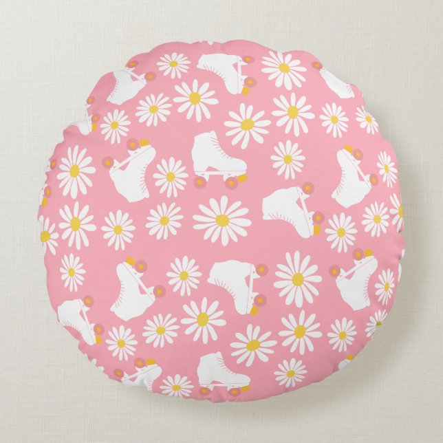 Floral Skates Roller Skating Pattern Birthday Pink Round Cushion (Front)