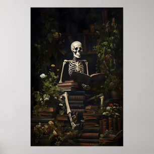 Floral Skeleton Books Library Print, Skull Dark Poster