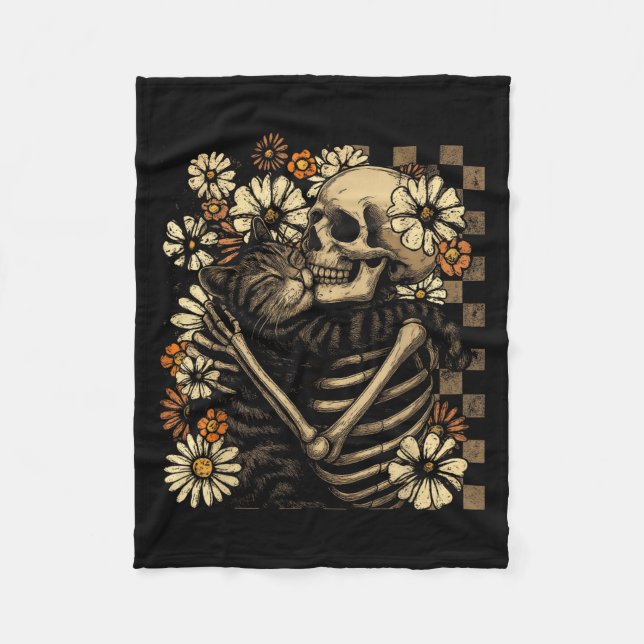 Floral Skeleton Hugging Cat Halloween Cat Lover Ca Fleece Blanket (Front)