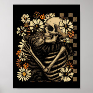 Floral Skeleton Hugging Cat Halloween Cat Lover Ca Poster