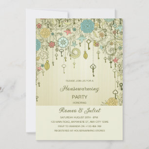 Floral & Skeleton Key Homewarming Invitation
