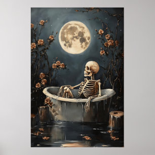 Floral Skeleton Taking A Bath Print, Dark Poster