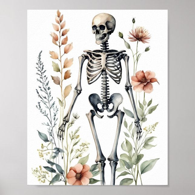 Floral Skeleton Watercolor Painting Poster (Front)