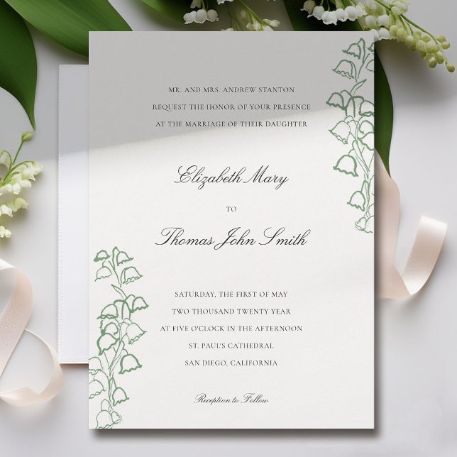 Floral Sketch Frame Lily Valley Formal Wedding Invitation (lily of the valley wedding invitation formal traditional elegant green floral sketch fine art drawn )