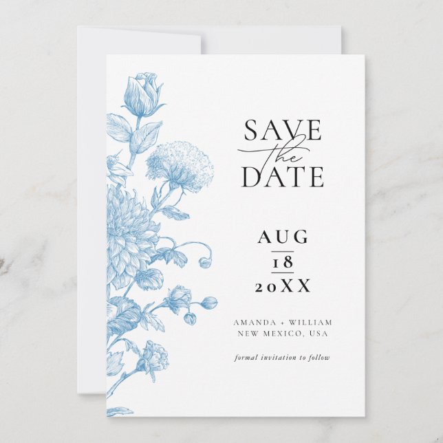 Floral Sketch Save The Date Card (Front)