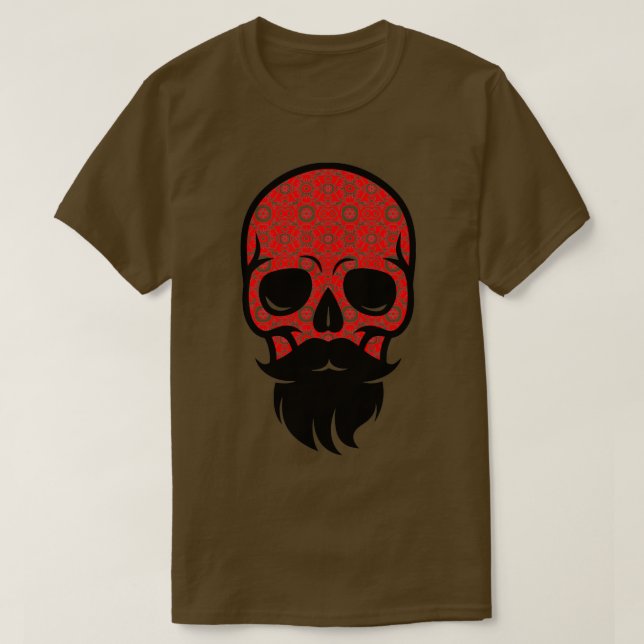 Floral Skull Beard Skull with Beard and Moustache  T-Shirt (Design Front)
