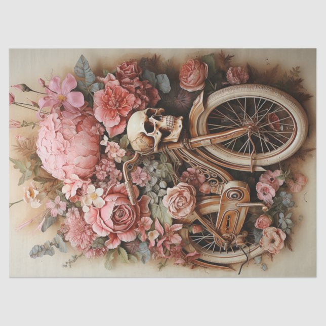 Floral Skull Bicycle Watercolor Decoupage Tissue Paper (Front)