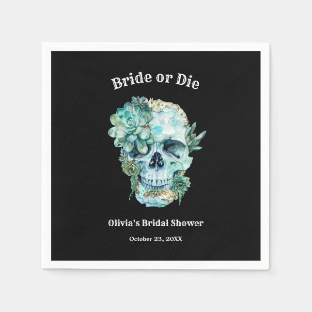 Floral Skull Bride or Die Halloween Bridal Shower Napkin (Front)