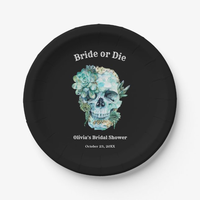 Floral Skull Bride or Die Halloween Bridal Shower Paper Plate (Front)