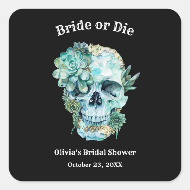 Floral Skull Bride or Die Halloween Bridal Shower Square Sticker (Front)