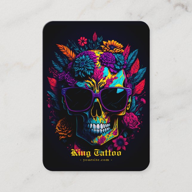 Floral Skull Colourful Retro Stylish Tattoo Artist Business Card (Front)