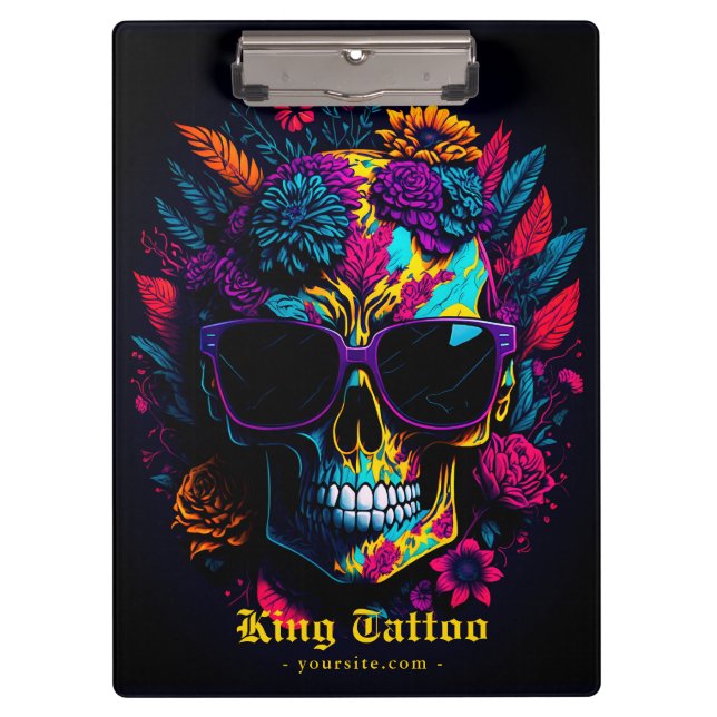 Floral Skull Colourful Retro Stylish Tattoo Artist Clipboard (Front)