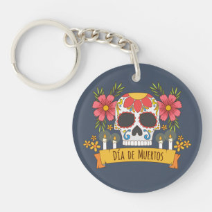 Floral Skull Dia de los Muertos   Keychain