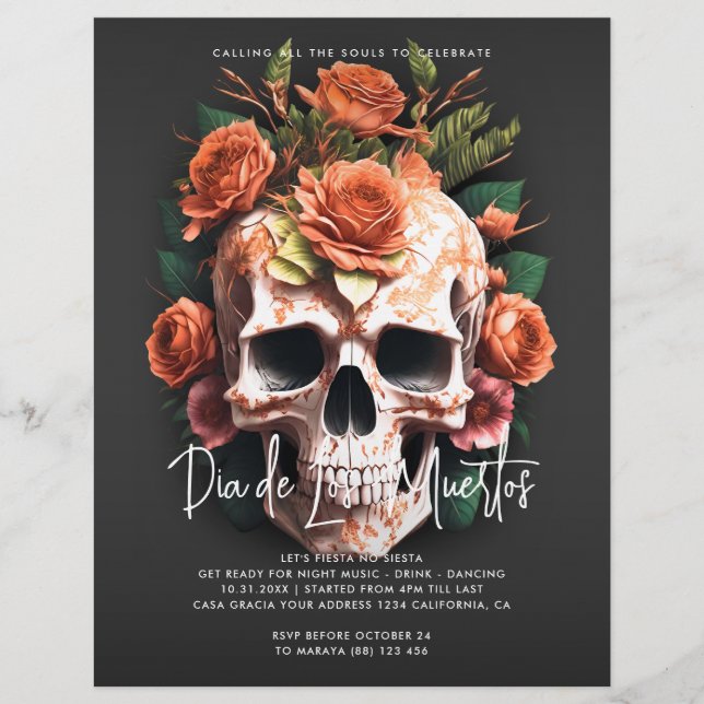 Floral Skull Dia De Los Muertos Party Invitation Flyer (Front)