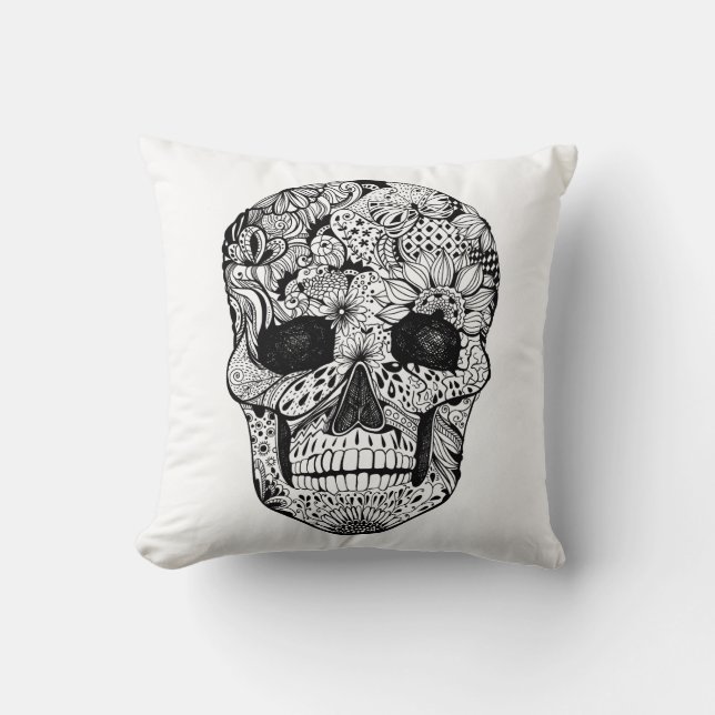 Floral Skull Doodle Cushion (Front)