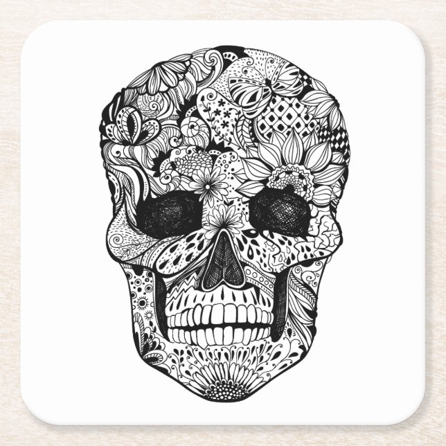 Floral Skull Doodle Square Paper Coaster (Front)