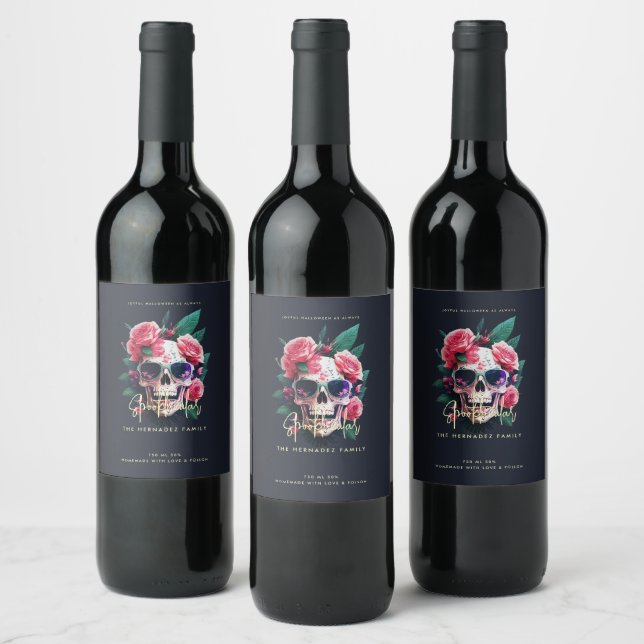 Floral Skull Faboolous Spooktacular Family Name  Wine Label (Bottles)