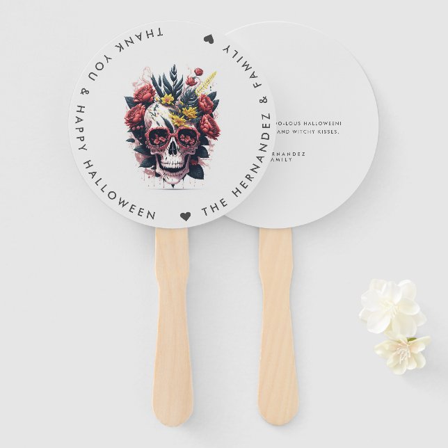 FLORAL SKULL Family Name Halloween Party  Hand Fan (Front and Back)