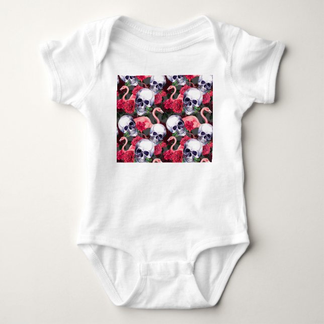 Floral skull, flamingo seamless pattern. baby bodysuit (Front)