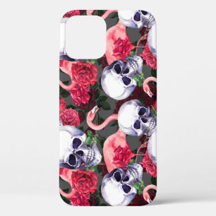 Floral skull, flamingo seamless pattern. iPhone 12 case