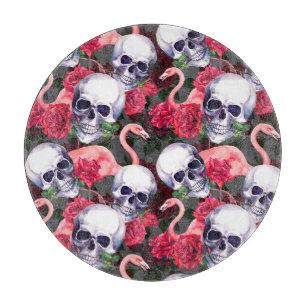 Floral skull, flamingo seamless pattern. cutting board