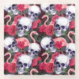 Floral skull, flamingo seamless pattern. glass coaster