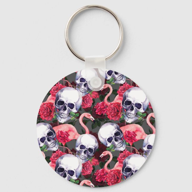 Floral skull, flamingo seamless pattern. key ring (Front)