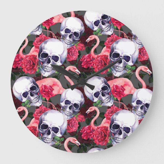 Floral skull, flamingo seamless pattern. large clock (Front)