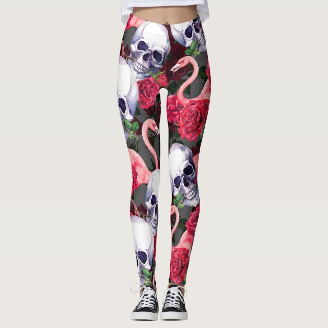 Floral skull, flamingo seamless pattern. leggings (Front)