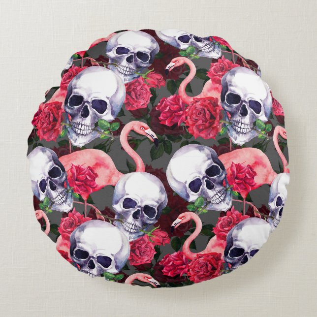 Floral skull, flamingo seamless pattern. round cushion (Front)