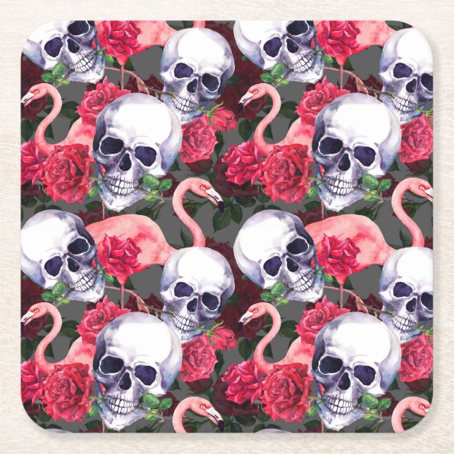 Floral skull, flamingo seamless pattern. square paper coaster (Front)