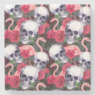 Floral skull, flamingo seamless pattern. stone coaster