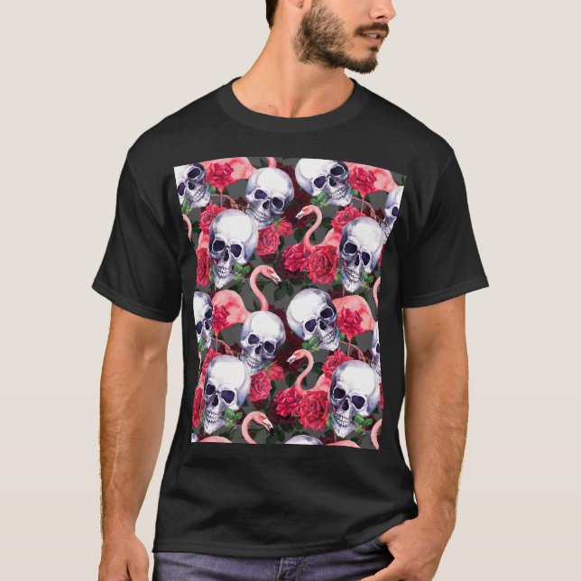 Floral skull, flamingo seamless pattern. T-Shirt (Front)