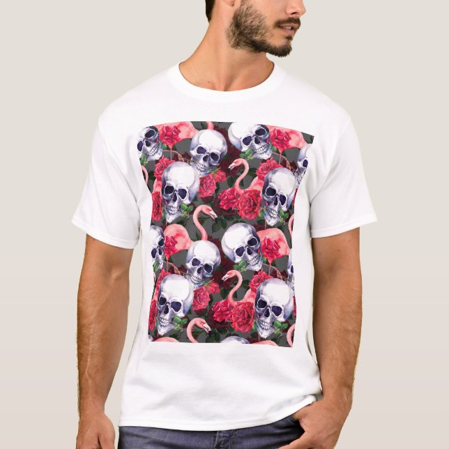 Floral skull, flamingo seamless pattern. T-Shirt (Front)